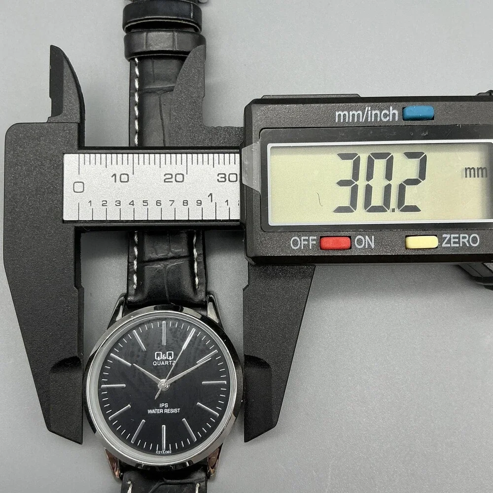 Q&Q Womens Watch 30mm Black Dial Silver Tone Black Leather Band New Battery